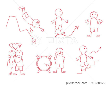 Stick figures for presentations in doddle style. Line art human, businessman. Different poses of walking 96280422