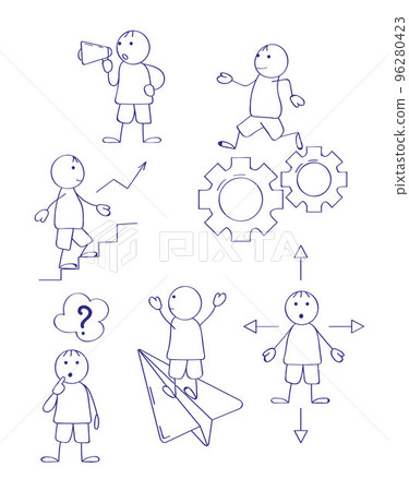 Stick figures for presentations in doddle style. Line art human, businessman. Different poses of walking Stick figures for presentations in doddle style. Line art human, businessman. Different poses of walking 96280423