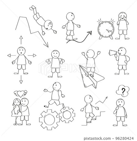 Stick figures for presentations in doddle style. Line art human, businessman. Different poses of walking 96280424