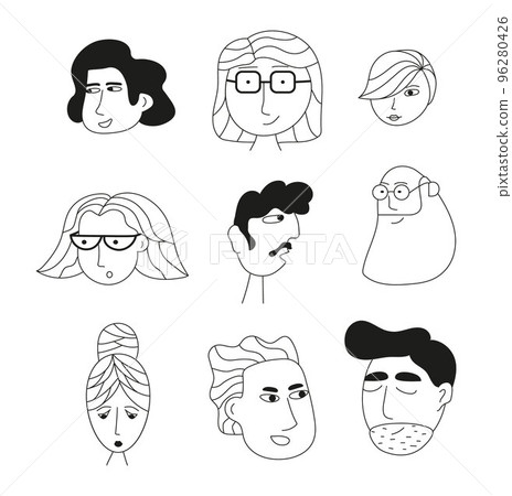 Funny faces doodle people set vector. Portraits of various men and women. Social networks, icons. Line hand drawn family avatars. 96280426