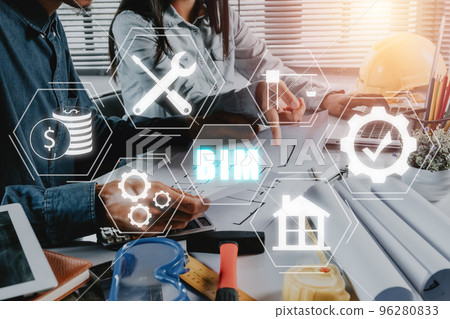 BIM Building Information Modeling Technology concept, Engineer team working on office desk with BIM icon on vr screen, Industry construction, Architect designer. 96280833