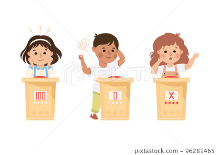 Kids Playing Quiz Game or Mind Sport Standing at Press Button Answering Question Vector Set Kids Playing Quiz Game or Mind Sport Standing at Press Button Answering Question Vector Set 96281465