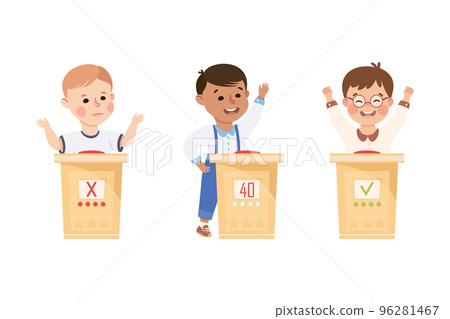 Kids Playing Quiz Game or Mind Sport Standing at Press Button Answering Question Vector Set 96281467