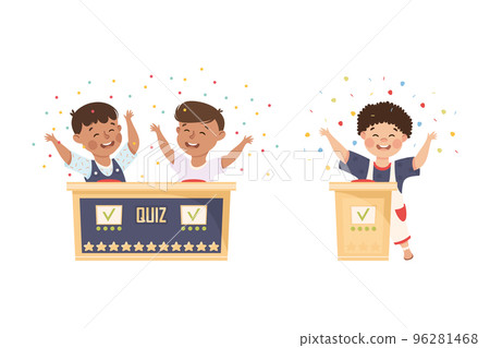 Kids Playing Quiz Game or Mind Sport Standing at Press Button Answering Question Vector Set 96281468