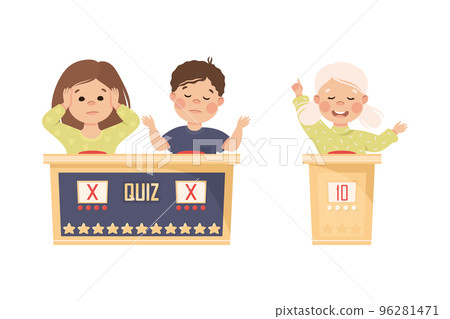 Kids Playing Quiz Game or Mind Sport Standing at Press Button Answering Question Vector Set Kids Playing Quiz Game or Mind Sport Standing at Press Button Answering Question Vector Set 96281471