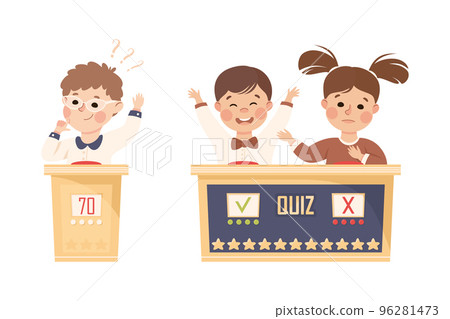 Kids Playing Quiz Game or Mind Sport Standing at Press Button Answering Question Vector Set 96281473