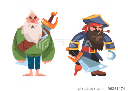 Bearded Pirate or Buccaneer with Hook and Saber Smoking Pipe Vector Set Bearded Pirate or Buccaneer with Hook and Saber Smoking Pipe Vector Set 96281474
