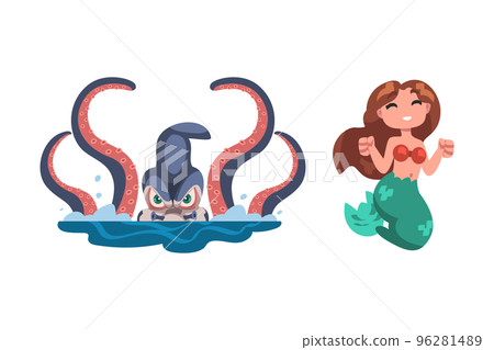 Giant Octopus from Depths of the Sea and Mermaid with Fish Tail Vector Set 96281489