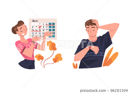 Man and Woman Character Planning Time and Event Managing Schedule Vector Set Man and Woman Character Planning Time and Event Managing Schedule Vector Set 96281504