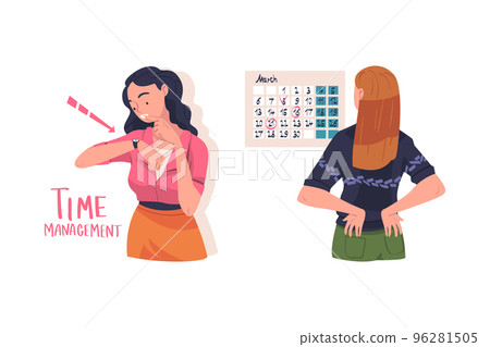 Woman Character Planning Time and Event Managing Schedule Vector Set 96281505