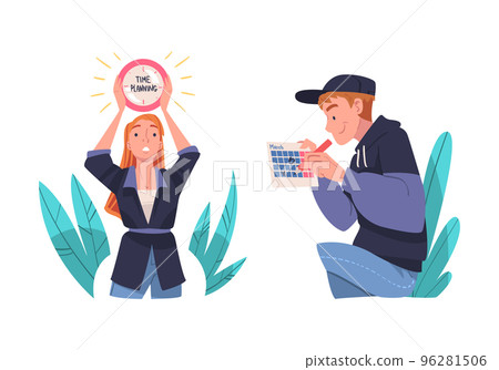 Man and Woman Character Planning Time and Event Managing Schedule Vector Set 96281506