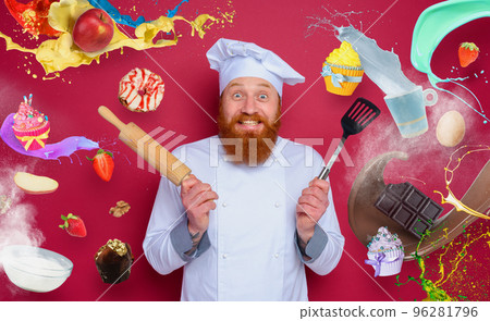 Man chef is happy to cook a new creative recipe. burgundy color background 96281796