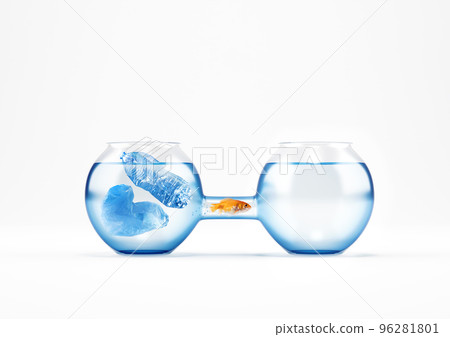 Red fish migrates from polluted to clean cruet. Concept of plastic pollution of sea and ocean 96281801