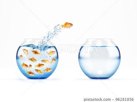 Red fish jumps from a full of fishes cruet to an empty one. concept of escape from crowd Red fish jumps from a full of fishes cruet to an empty one. concept of escape from crowd 96281856