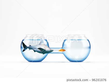 Shark wants to reach a red fish but it cannot pass through the passage due to its large size 96281876