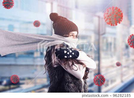 Woman caught a cold and is surrounded by viruses and bacteria Woman caught a cold and is surrounded by viruses and bacteria 96282185