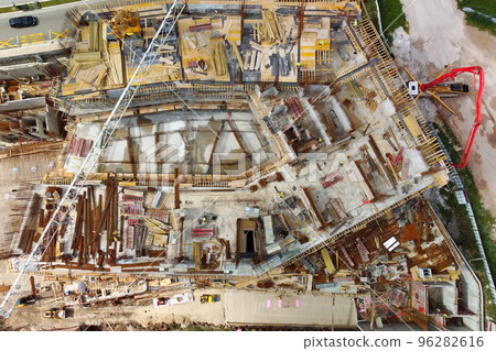 Aerial drone view of construction site of new modern building. Housing for a mortgage. Loan to real estate. 96282616