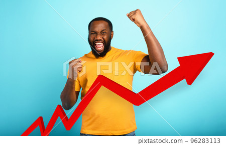 Man reaches the success with a positive trend of statistic. Cyan background Man reaches the success with a positive trend of statistic. Cyan background 96283113