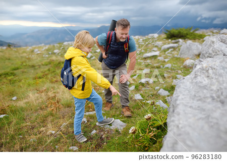Cute schoolchild and his mature father hiking together on mountain and exploring nature. Child watching a plant. Concepts of adventure, scouting and hiking tourism for kids. 96283180