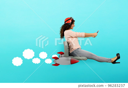 Woman drives fast with rockets under the chair. concept of having the turbo 96283237