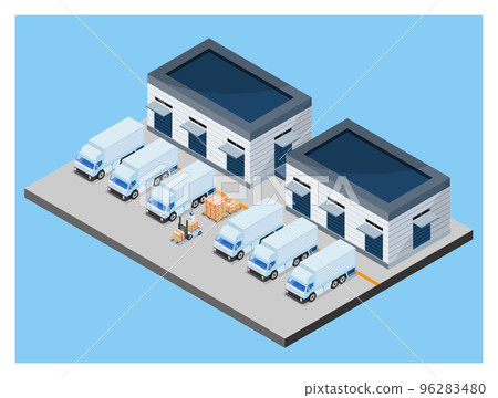 3D isometric logistics Warehouse Work Process Concept with Transportation operation service, Export, Import, Cargo, Forklif, Delivery Truck. Vector illustration EPS 10 3D isometric logistics Warehouse Work Process Concept with Transportation operation service, Export, Import, Cargo, Forklif, Delivery Truck. Vector illustration EPS 10 96283480