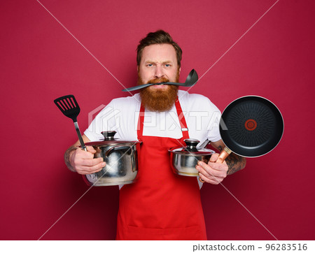 Chef hold a lot of pots. concept of stress and confusion. red background Chef hold a lot of pots. concept of stress and confusion. red background 96283516