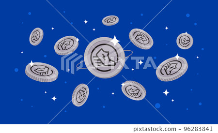 Green Satoshi Token (GST) coins falling from the sky. GST cryptocurrency concept banner background. 96283841