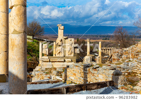 Ancient city Ephesus. Hydreion, ancient architectural structures. Most visited ancient city in Turkey Ancient city Ephesus. Hydreion, ancient architectural structures. Most visited ancient city in Turkey 96283982