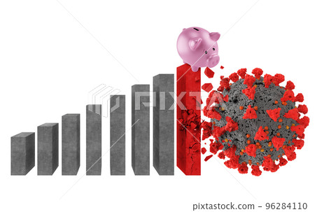Covid-19 virus destroys statistic that holds a piggybank. Concept of crisis and recession due to pandemic. 3d render Covid-19 virus destroys statistic that holds a piggybank. Concept of crisis and recession due to pandemic. 3d render 96284110