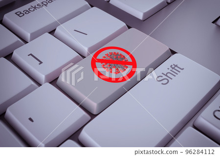 Computer keyboard with prohibition signal against covid-19 virus as key. 3d rendering Computer keyboard with prohibition signal against covid-19 virus as key. 3d rendering 96284112