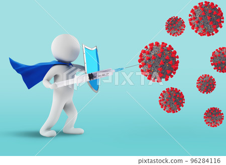Superhero with shield fights against covid-19 virus. cyan background. 3d rendering Superhero with shield fights against covid-19 virus. cyan background. 3d rendering 96284116