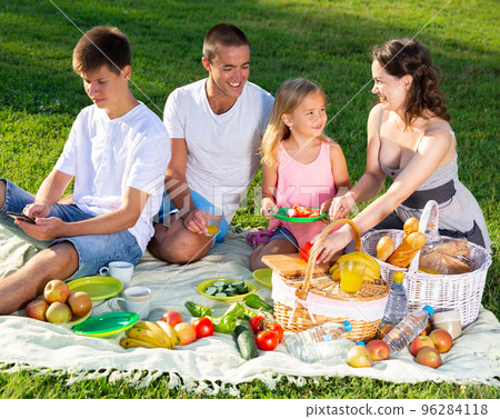 Teenager addicting in phone on family picnic Teenager addicting in phone on family picnic 96284118