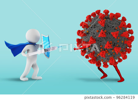 Superhero with shield fights against covid-19 virus. cyan background. 3d rendering Superhero with shield fights against covid-19 virus. cyan background. 3d rendering 96284119