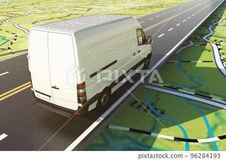 Delivery van runs along the highway on a road map. 3D Rendering 96284193