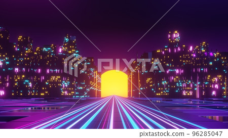 3d render of Cyber punk night city landscape concept. Light glowing on dark scene.  Night life. Technology network for 5g. Beyond generation and futuristic of Sci-Fi Capital city and building scene. 96285047