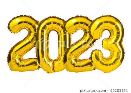 New Year 2023 celebration. Golden Yellow foil color balloons. 2023 balloons. Isolated white background 96285551