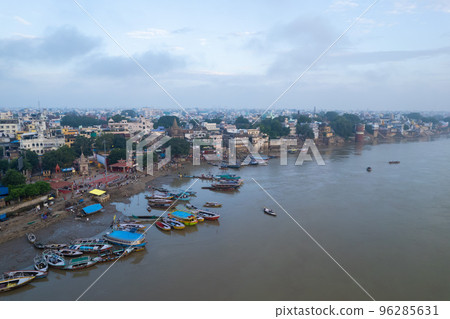 Aerial view of Varanasi city with  Ganges river, ghats, the houses in Varanasi, Banaras, Uttar Pradesh, India 96285631
