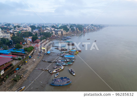 Aerial view of Varanasi city with Ganges river, ghats, the houses in Varanasi, Banaras, Uttar Pradesh, India Aerial view of Varanasi city with Ganges river, ghats, the houses in Varanasi, Banaras, Uttar Pradesh, India 96285632