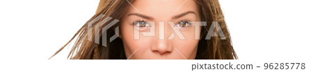 Asian eyes beauty woman face portrait. Piercing stare of ethnic multiracial model. Closeup of eyes, nose. Beautiful young Chinese Caucasian biracial girl isolated on white panoramic banner 96285778