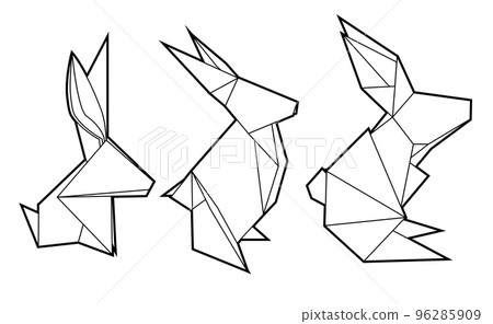 Set of vector contour origami rabbits. Polygonal outline hares isolated from background. Symbol of Chinese of New year. Paper folded animals. Set of vector contour origami rabbits. Polygonal outline hares isolated from background. Symbol of Chinese of New year. Paper folded animals. 96285909
