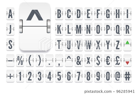 White airport flip board mechanical bold alphabet with numbers for stock exchange rates information. Vector illustration. 96285941