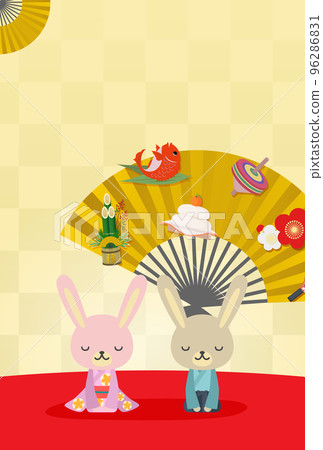 New Year's material of a rabbit couple greeting with a folding fan and clothes New Year's material of a rabbit couple greeting with a folding fan and clothes 96286831