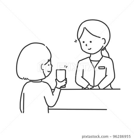 Illustration of a woman showing a smartphone screen to a female clerk 96286955