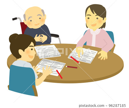 Care staff and elderly users having a service personnel meeting 96287185