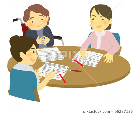 Care staff and elderly users having a service personnel meeting 96287186