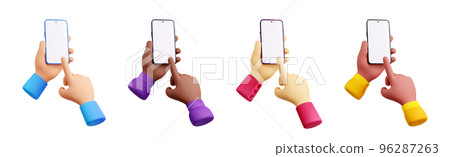 Hands hold smartphones and point on blank screen 96287263