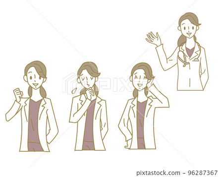 Illustration material set of facial expression pattern of a young female doctor wearing a white coat in a scrub Illustration material set of facial expression pattern of a young female doctor wearing a white coat in a scrub 96287367