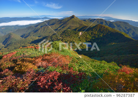 Mt. Asahidake (Mt. Akakure) and Kagamiganuma seen from the northwestern ridge of Mt. Sanbonyaridake Mt. Asahidake (Mt. Akakure) and Kagamiganuma seen from the northwestern ridge of Mt. Sanbonyaridake 96287387