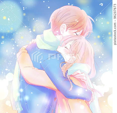 Couple hugging in winter snow 96287673