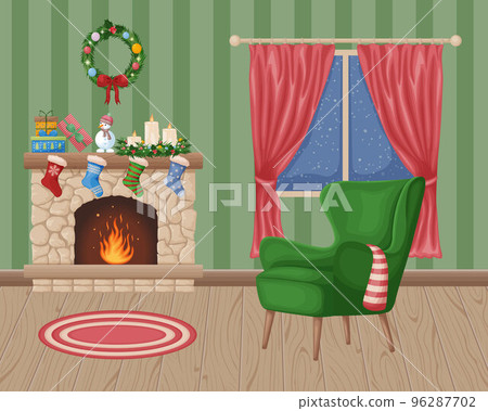 Christmas interior. Vector illustration of a New Year s interior. Fireplace decorated with Christmas decorations, socks. A chair in the middle of the room with a snow-covered window 96287702